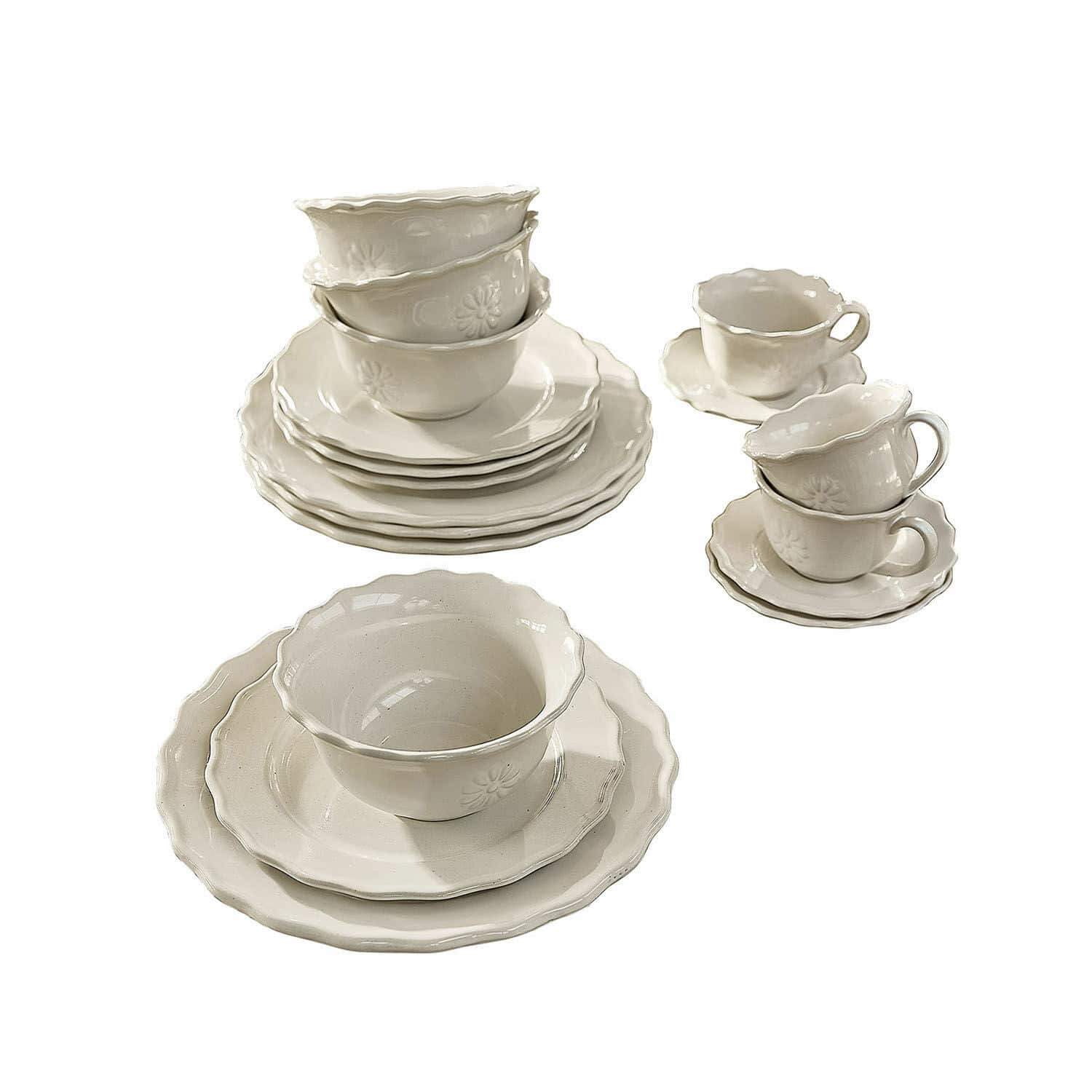 Servies set van 30 Mallevesse Witte keramische servies set met kommetjes en kopjes met fijn bloemmotief