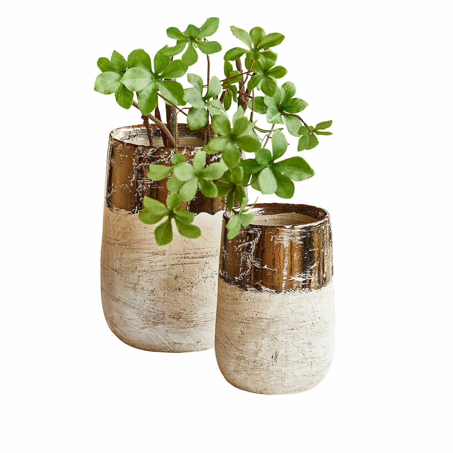 Vaas set van 2 Hafira Set van twee beige-bruin keramische potten met groene planten voor interieurdecoratie