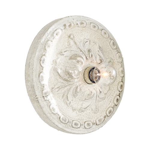 Applique murale ronde blanche en céramique avec motif décoratif et ampoule visible, éclairage mural vintage