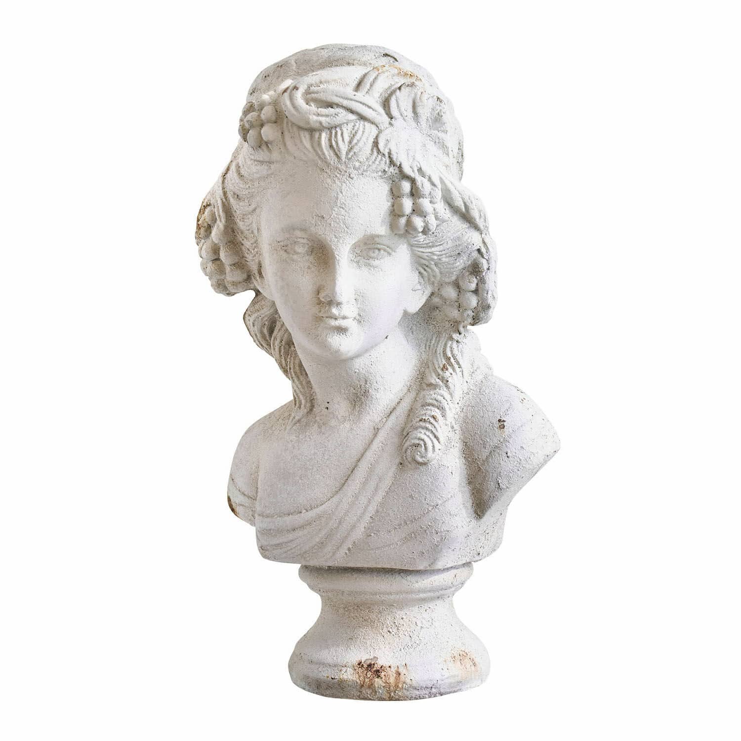 Buste Sanoria Witte stenen buste met blad- en druivendetails, klassieke tuindecoratie