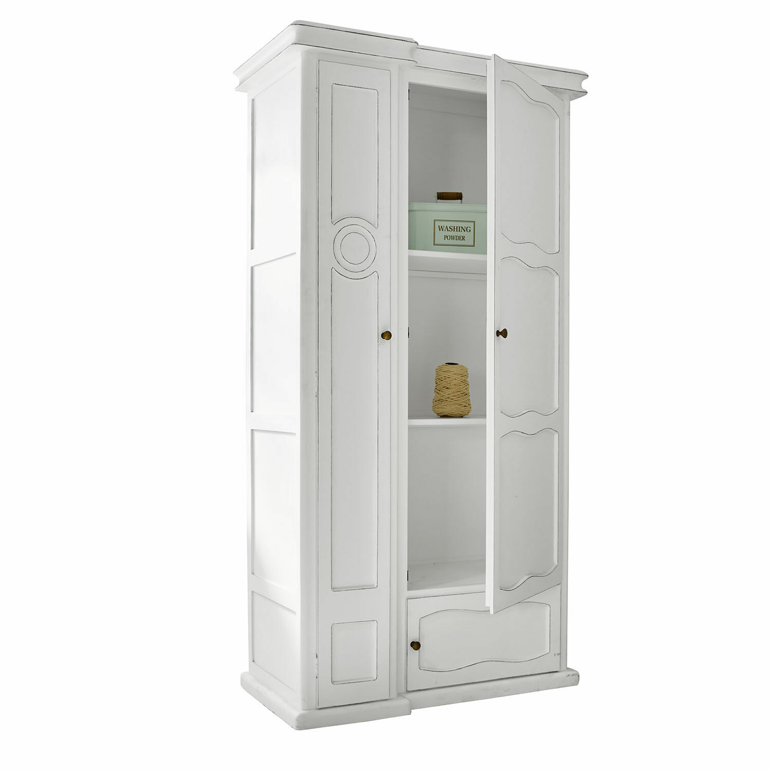 Armoire Garlinet Armoire en bois blanc avec portes ouvertes et étagères, meuble de rangement pour la maison