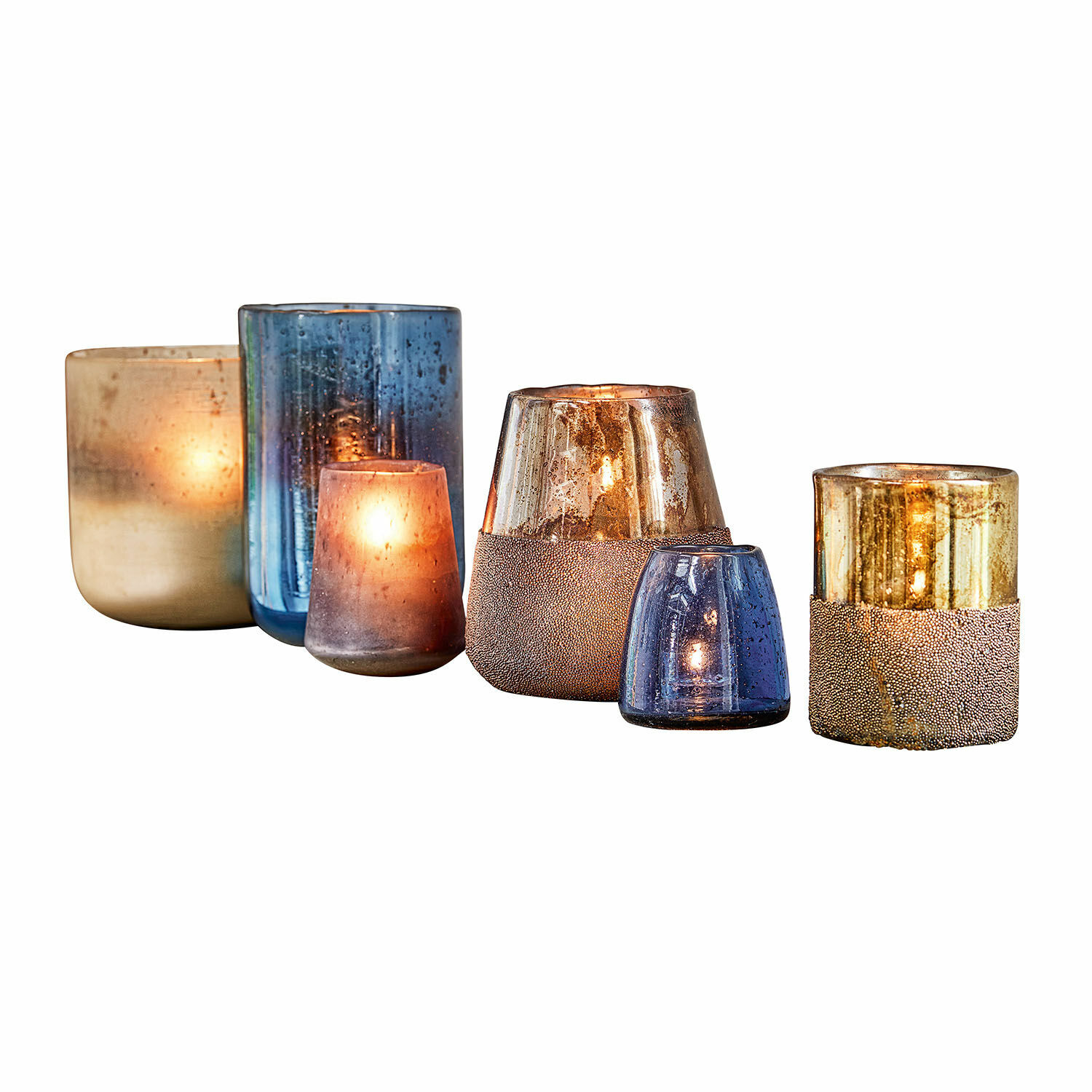 Lot de 6 photophores Paro Ensemble de six photophores en verre bleu et doré, décoration lumineuse pour intérieur chaleureux