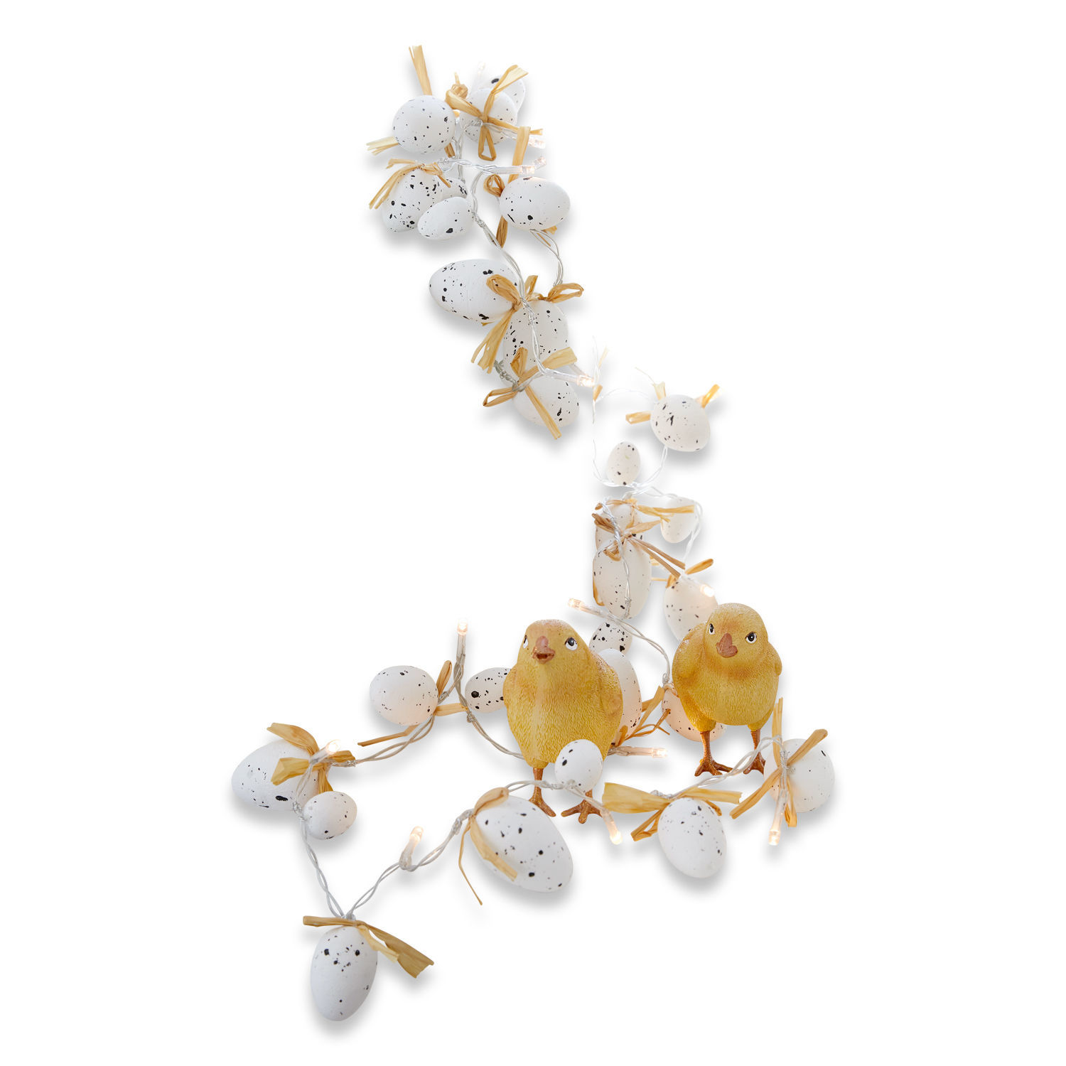 Guirlande lumineuse avec œufs blancs tachetés et poussins jaunes, décoration de Pâques