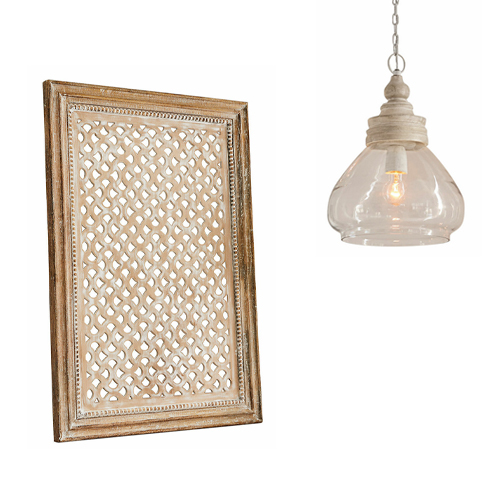 Décoration murale en bois ajouré couleur naturelle avec suspension en verre et bois clair