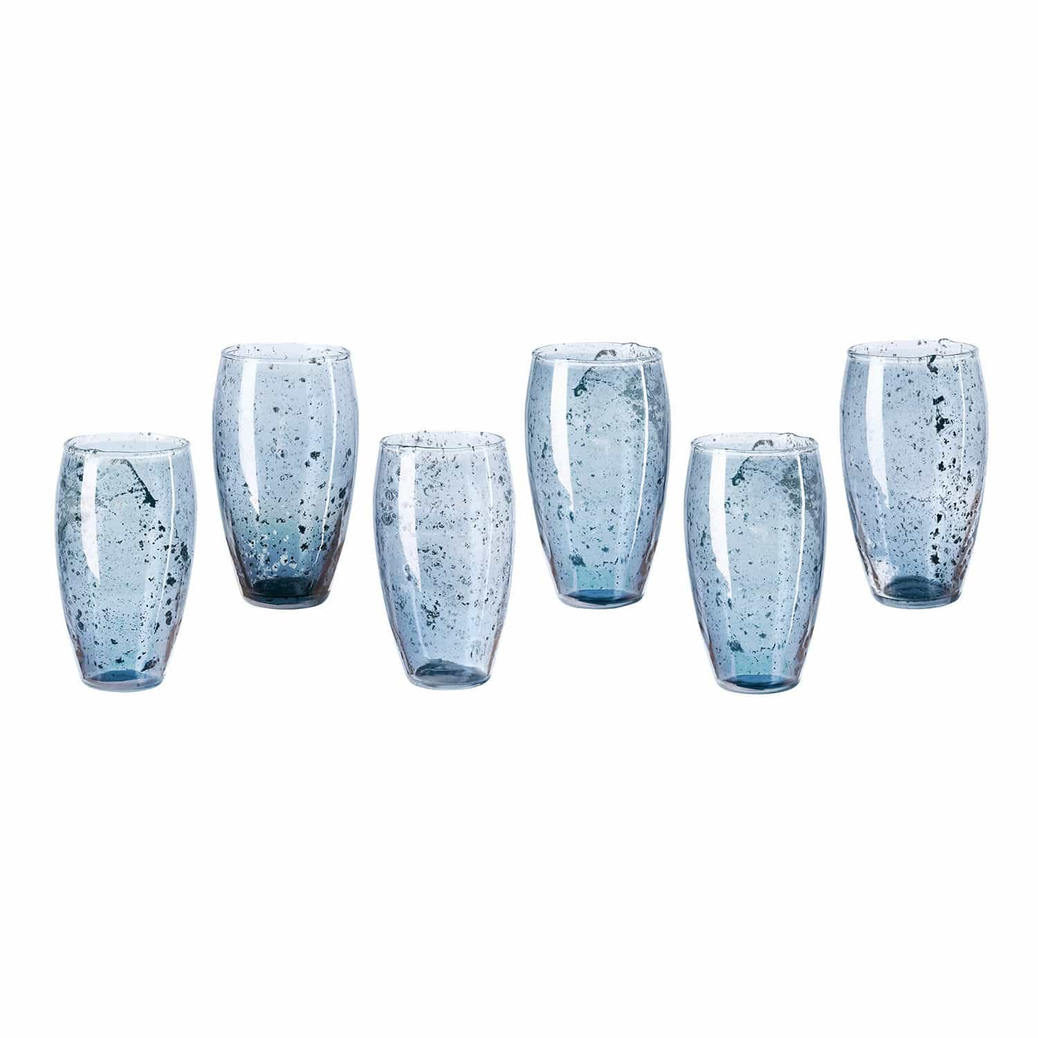 Glas set van 6 Kampala Set van zes blauwe glazen van gerecycled glas met unieke bellen, perfect voor drankjes.