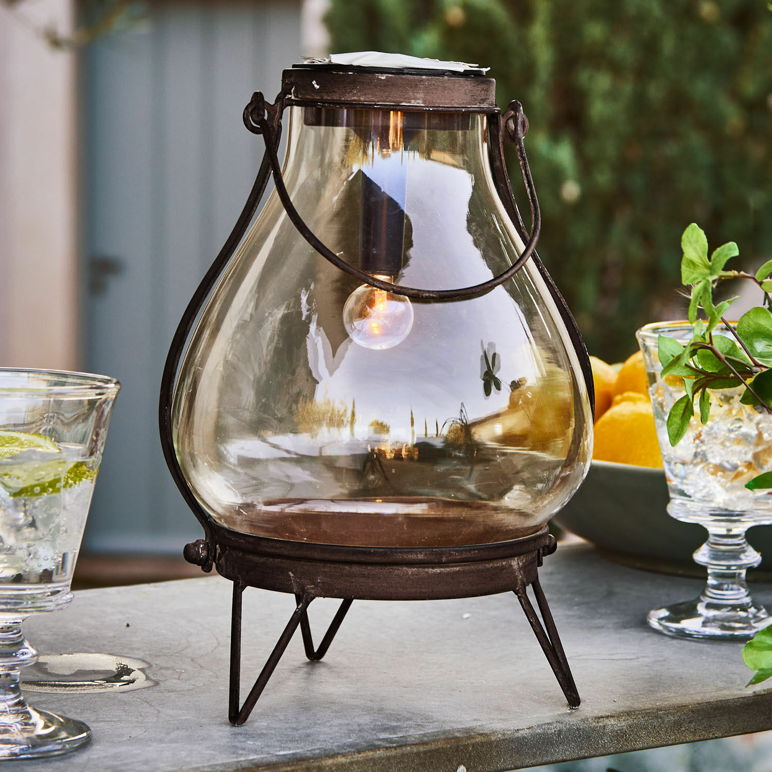 Lanterne solaire Scarron Lanterne en verre avec cadre métallique rouillé, lampe décorative d'extérieur pour jardin