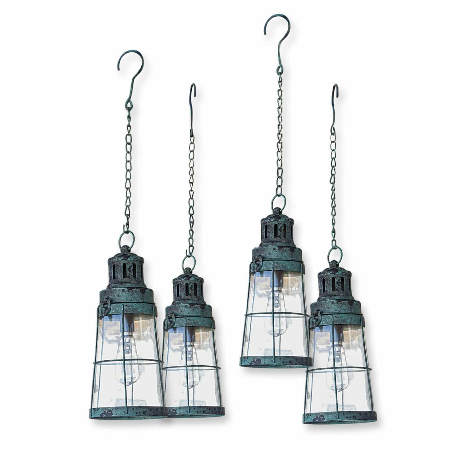 Ensemble de 4 lanternes LED vert antique en métal et verre pour décoration intérieure et extérieure