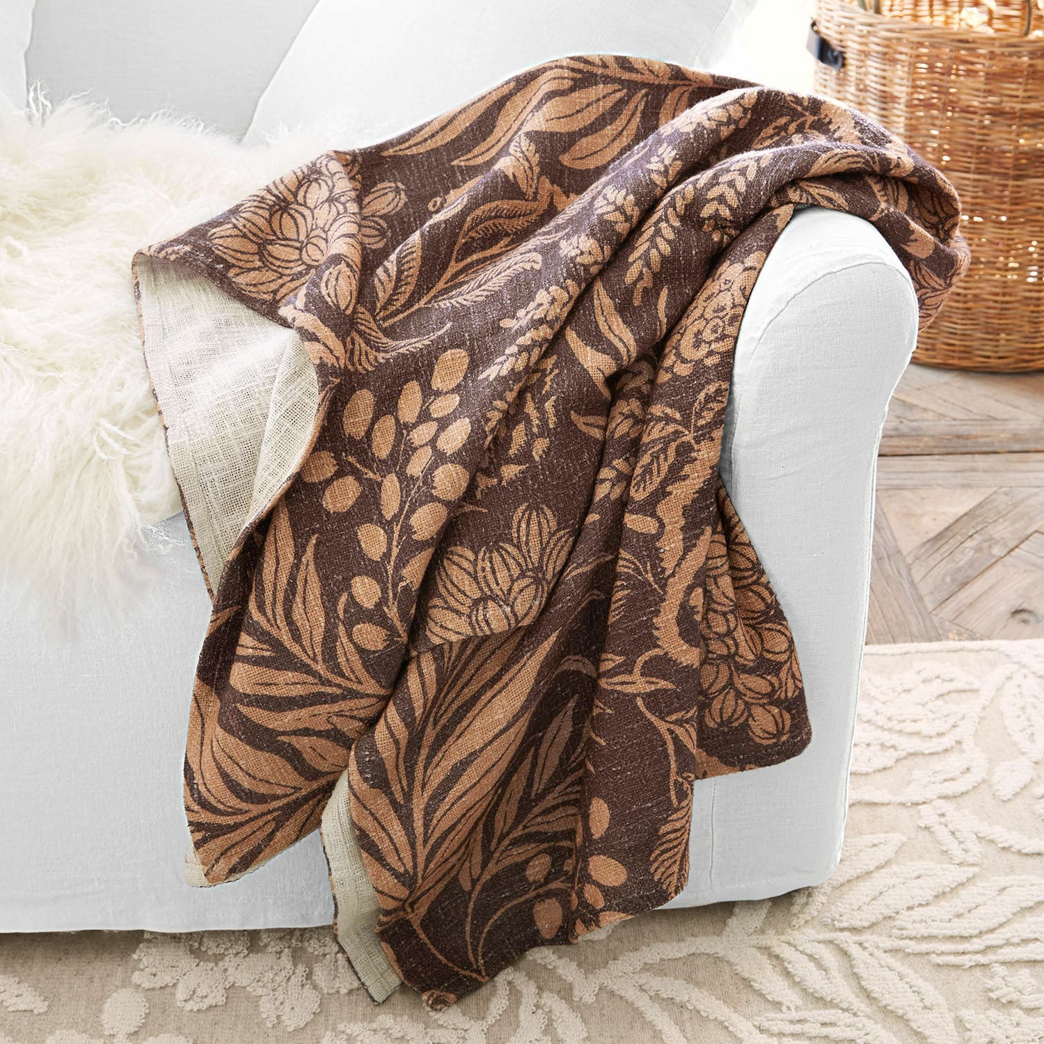Plaid Carivelle Plaid marron à motif floral et feuilles, tissu doux, accessoire décoratif et confortable pour salon