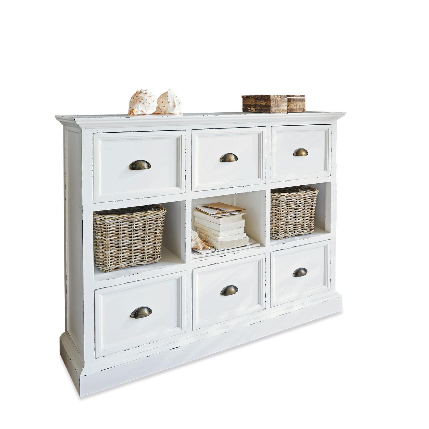 Commode Remilly Commode blanche en bois avec six tiroirs et trois étagères ouvertes avec paniers en osier