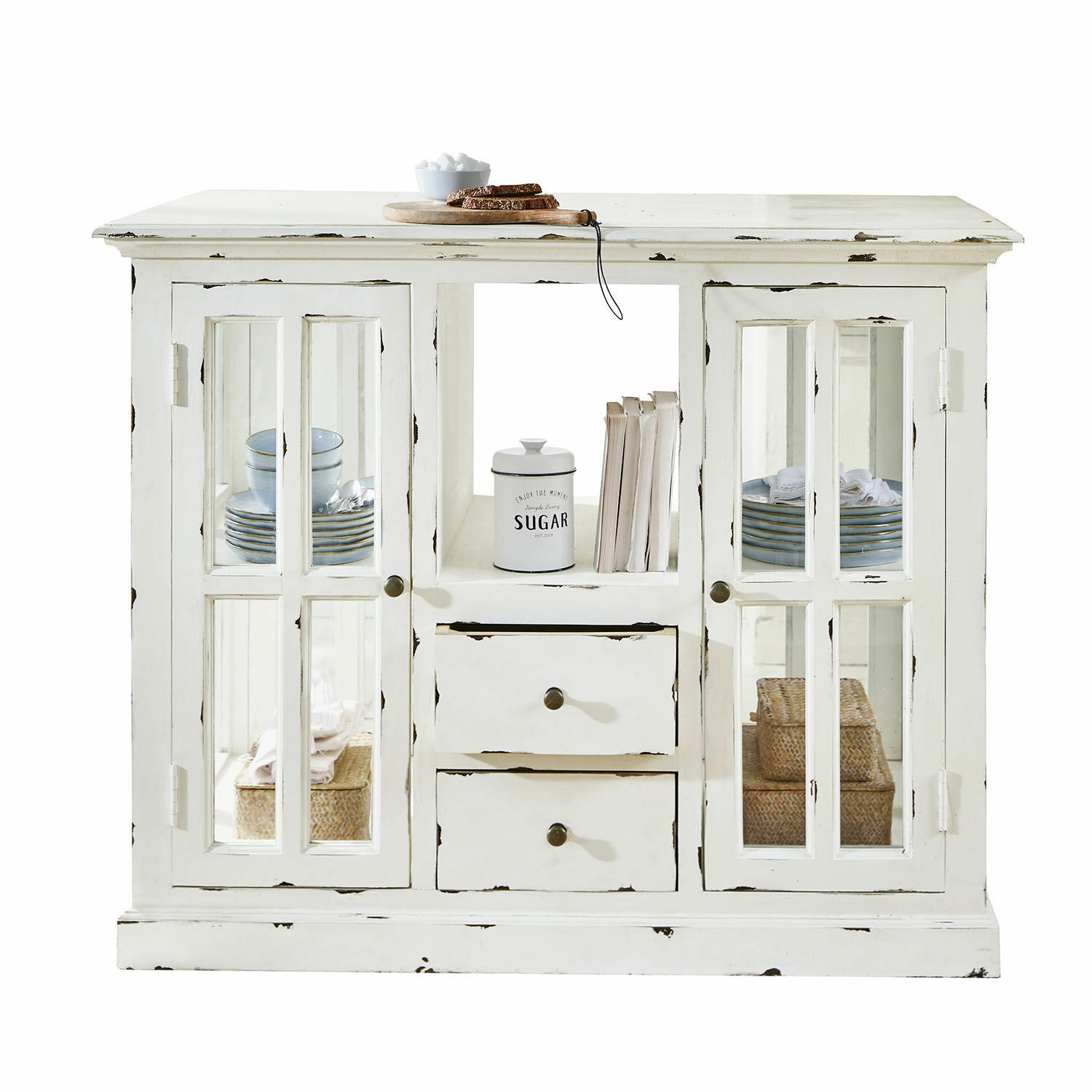 Keukenblok Catigny Witte houten dressoir met glazen deuren en lades, vintage opbergmeubel voor woonkamer