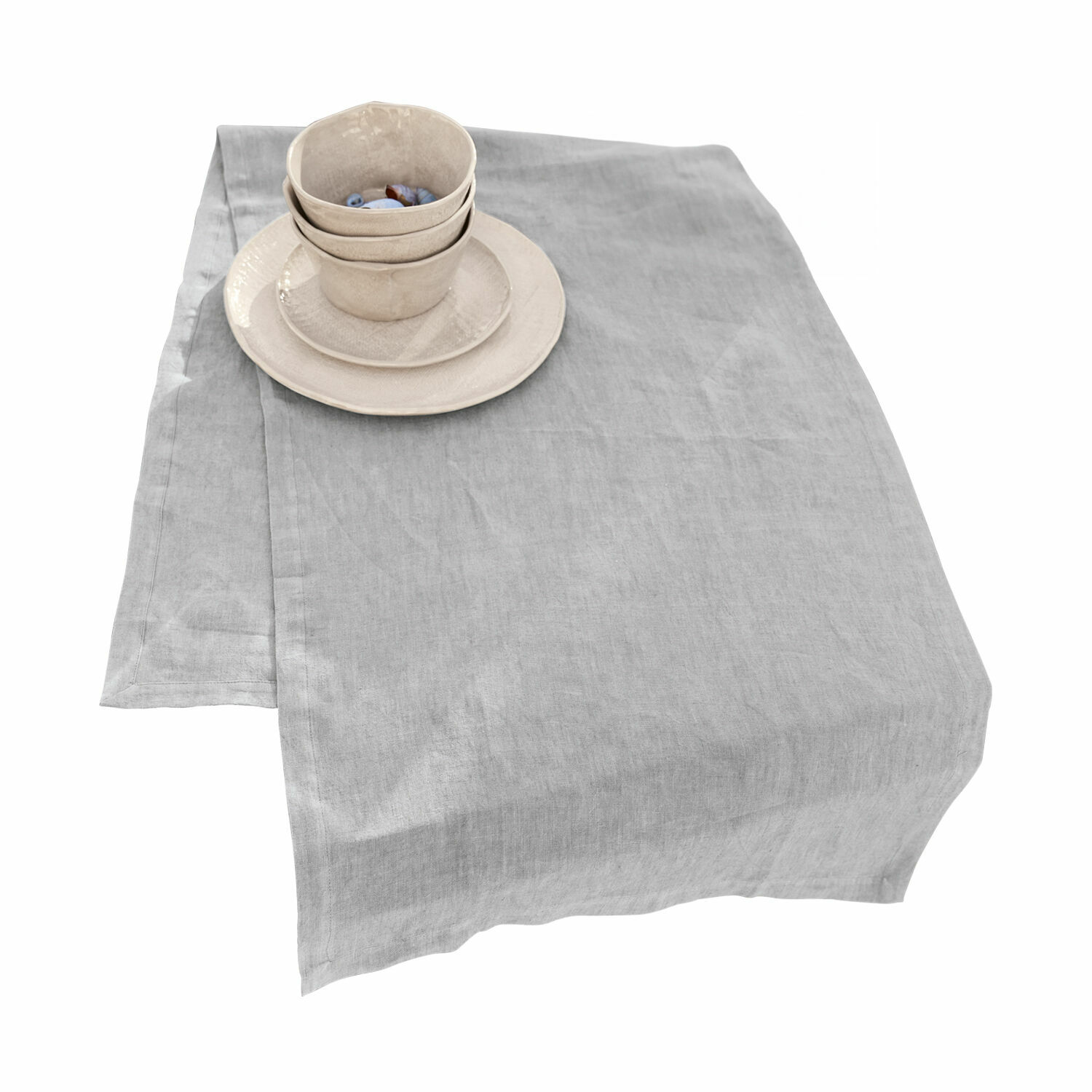 Chemin de table Bursinel Nappe en lin gris avec vaisselle en céramique beige, décoration de table élégante et textile