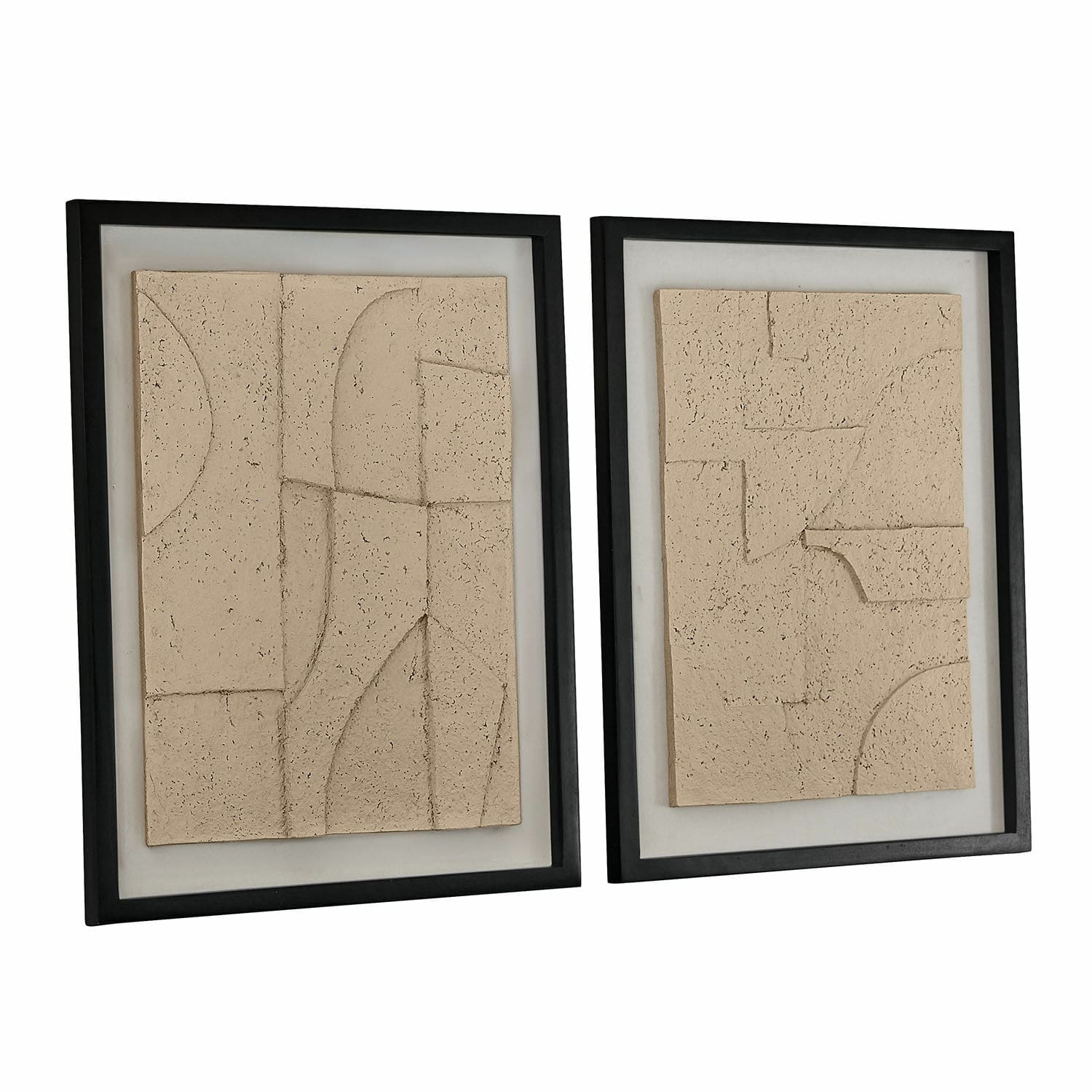 Afbeelding set van 2 Lavinois Set van twee wanddecoraties van beige steen in zwarte lijsten, moderne wandkunst