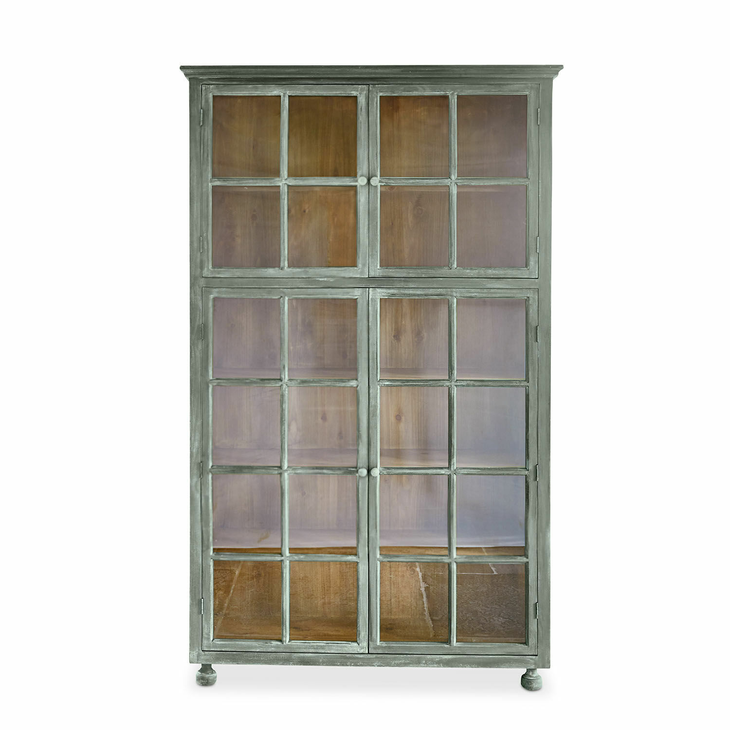 Armoire Bellac en bois vert antique avec portes vitrées et étagères pour rangement élégant