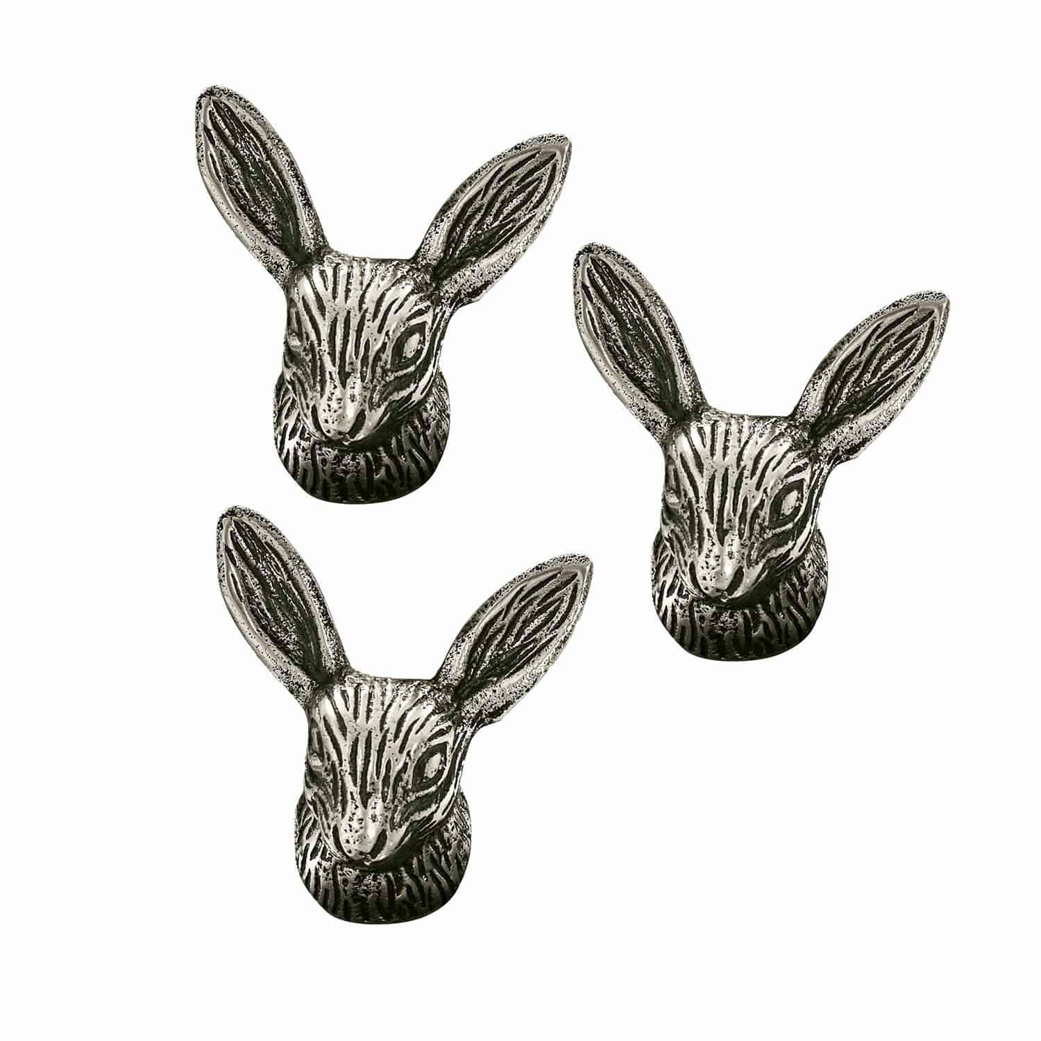 Lot de 3 pin’s décoratifs Gimont Ensemble de trois poignées de meuble en métal argenté en forme de tête de lièvre