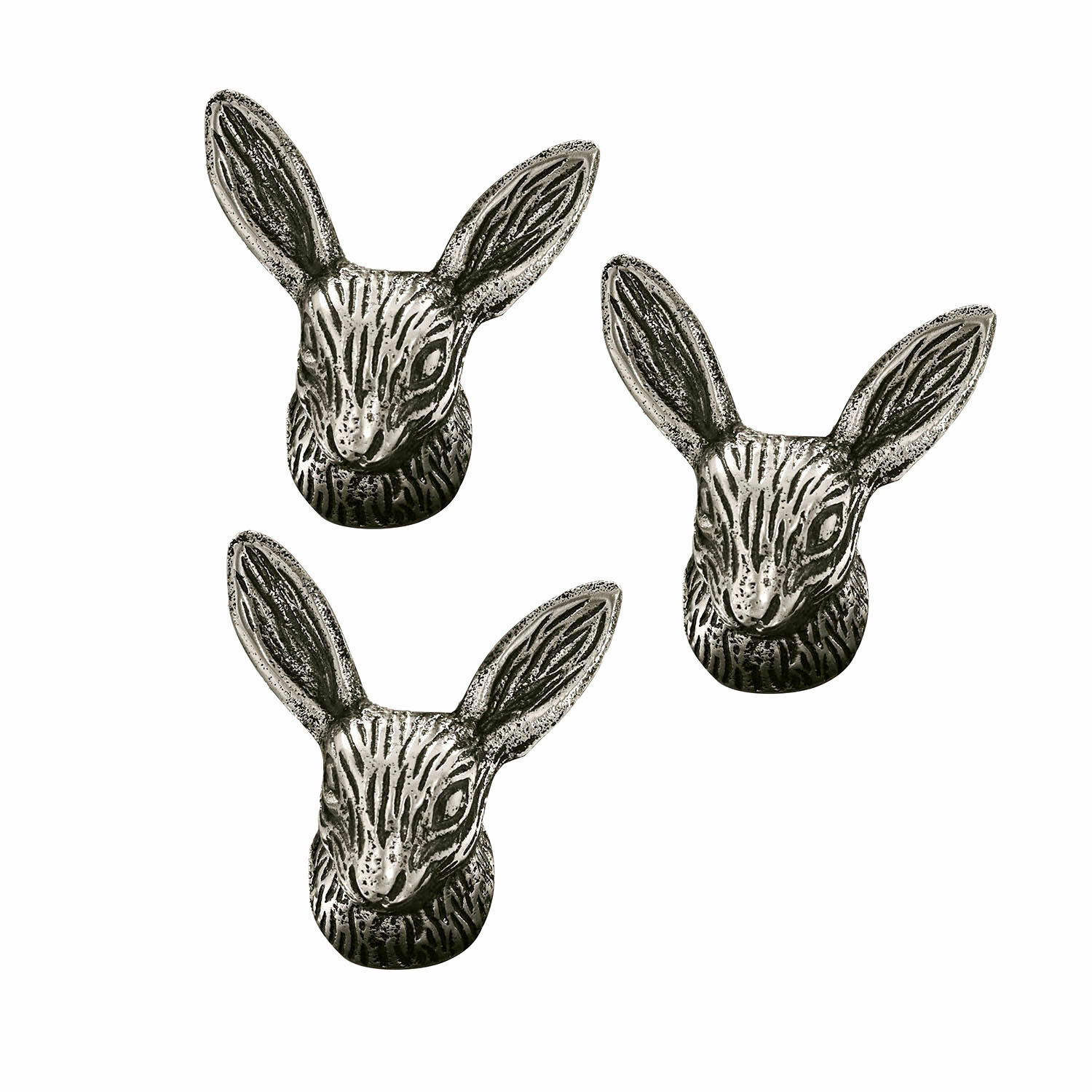 Lot de 3 pin’s décoratifs Gimont Ensemble de trois poignées de meuble en métal argenté en forme de tête de lièvre
