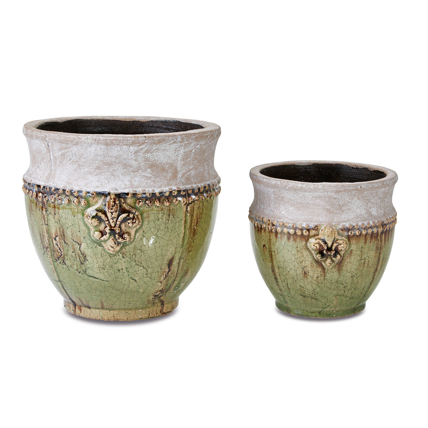 Lot de 2 cache-pots Montcony Ensemble de deux pots en céramique vert et beige avec motif décoratif et texture vieillie