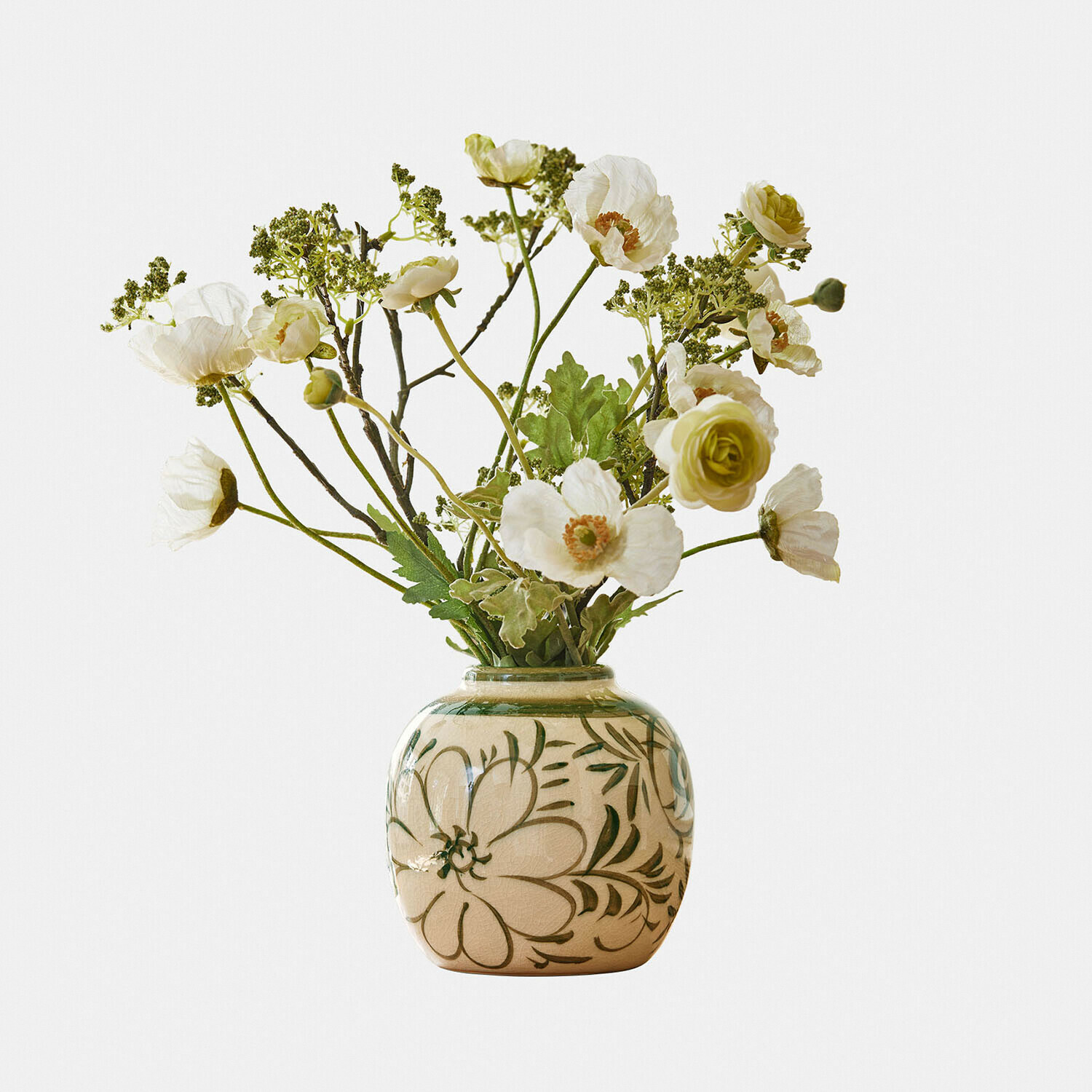 Vaas Avignonel Beige keramische vaas met groene bloemenpatronen en witte en groene decoratieve bloemen