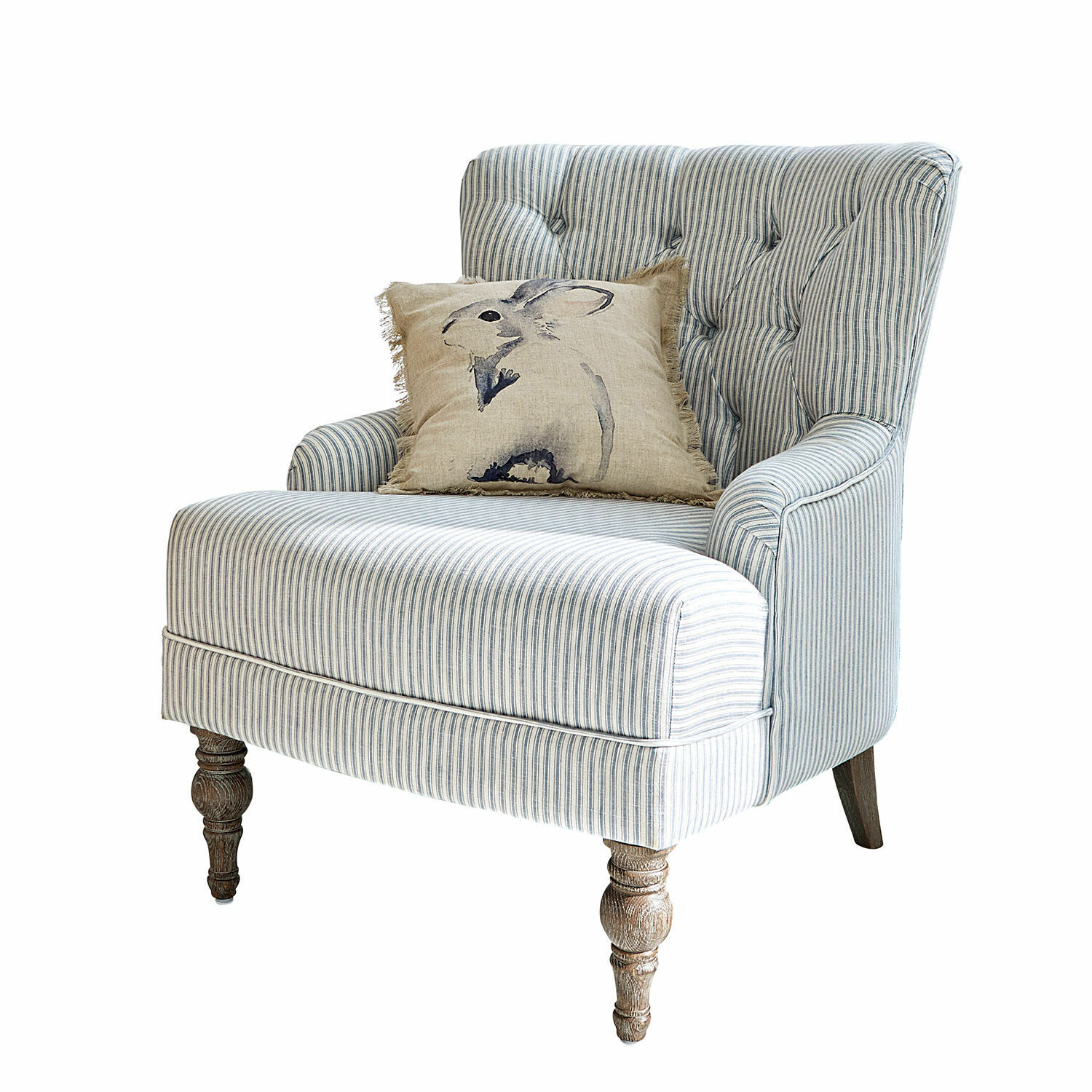 Fauteuil Amuran Gestreepte fauteuil met gestoffeerde rugleuning en kussen met konijnenprint, houten poten