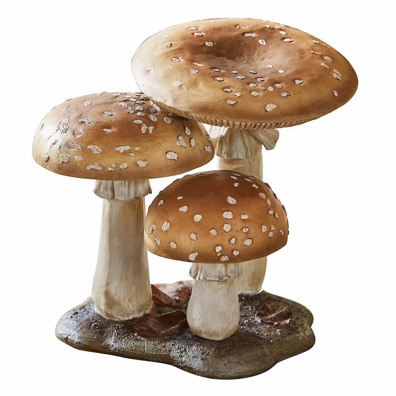 Sierpaddenstoelen Harvelle Decoratie van drie bruine paddenstoelen met witte vlekken op een grondachtige basis, woonaccessoire
