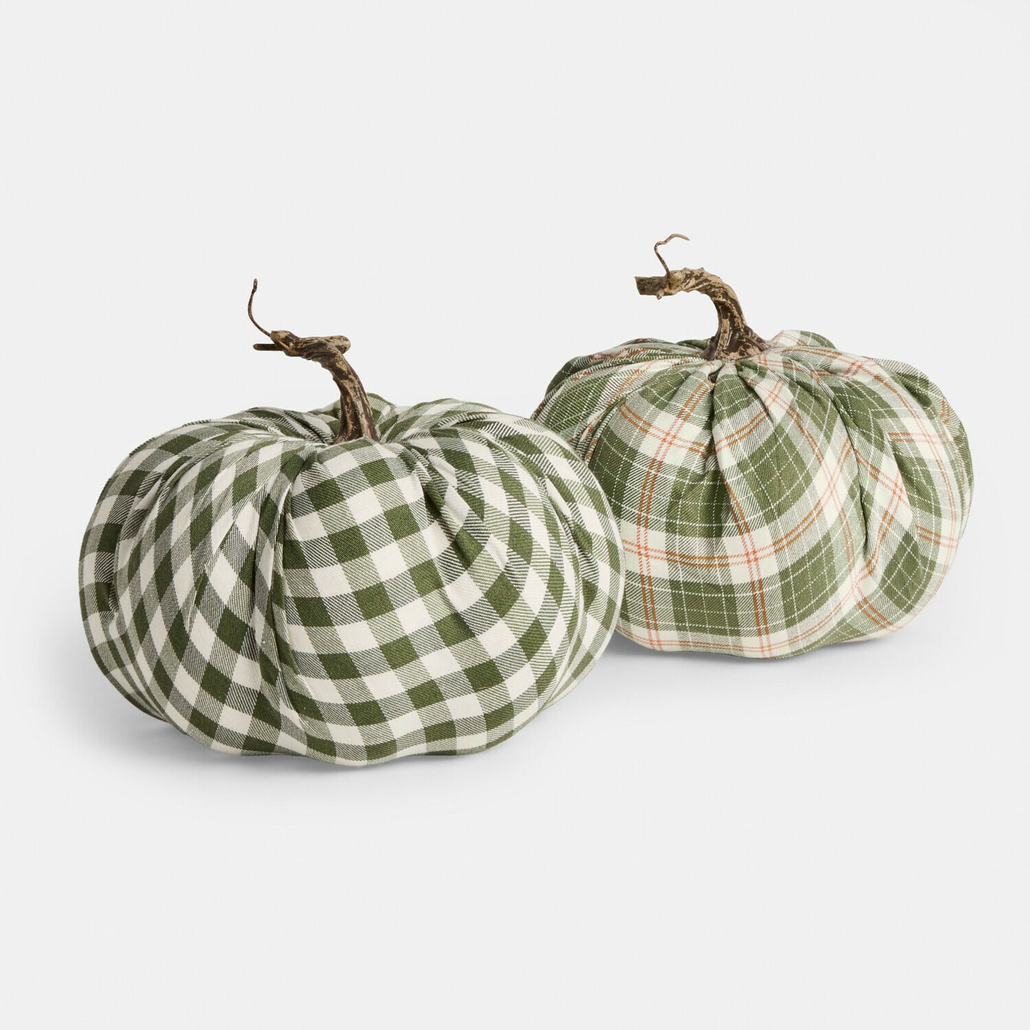 Pompoen set van 2 Effyl Twee decoratieve pompoenen van groen-wit geruit stof met natuurlijke stelen voor herfstdecoratie