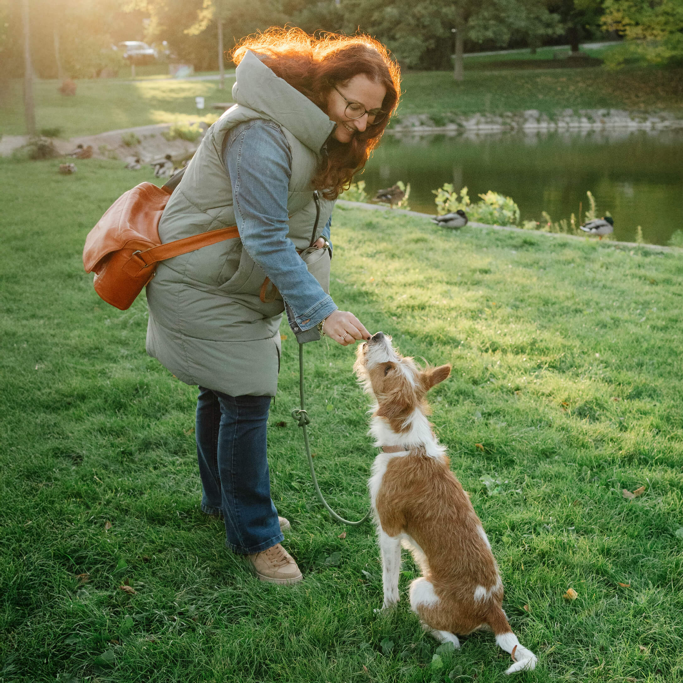 Vrouw in groene bodywarmer en blauwe spijkerbroek voert hond op groen gras in park bij zonlicht