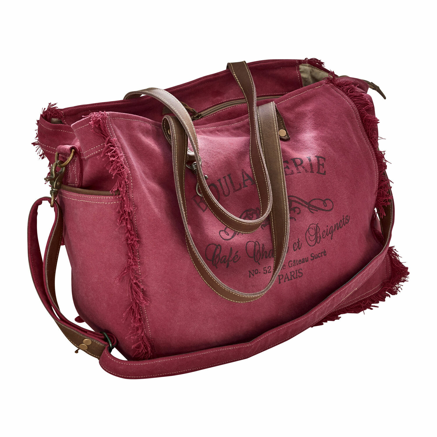 Sac Anoush Sac de voyage en toile rouge avec poignées en cuir marron et impression vintage style boulangerie