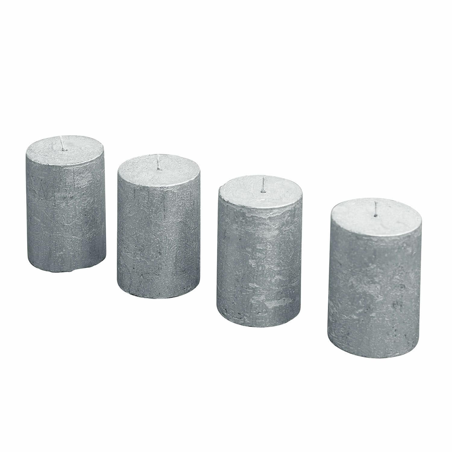 zilverkleurig Set van 4 zilverkleurige cilindervormige kaarsen met metallic afwerking voor interieurdecoratie