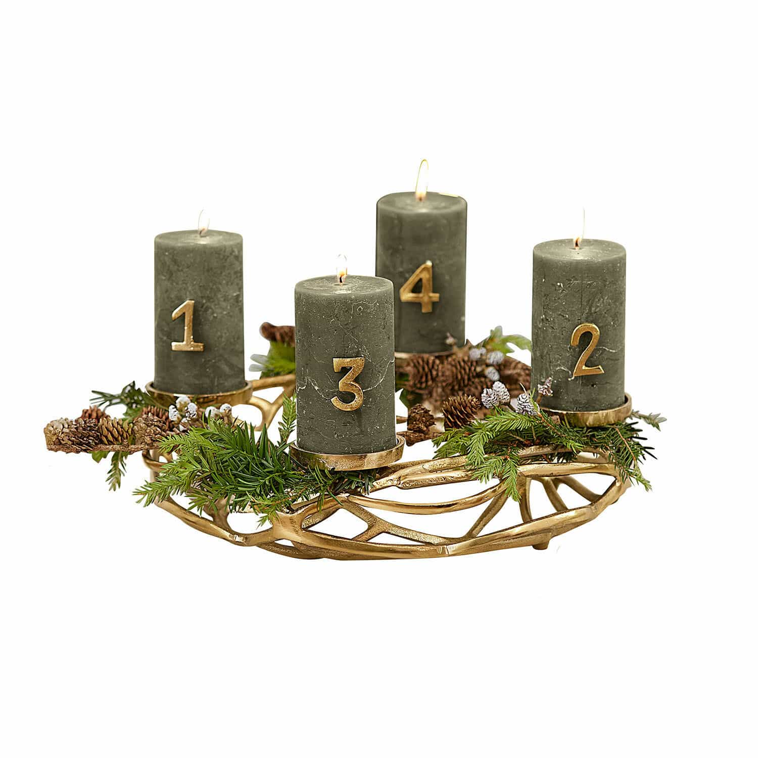 Couronne à bougies Coldfield Couronne de l'Avent verte avec quatre bougies numérotées et décorations de pommes de pin et branches