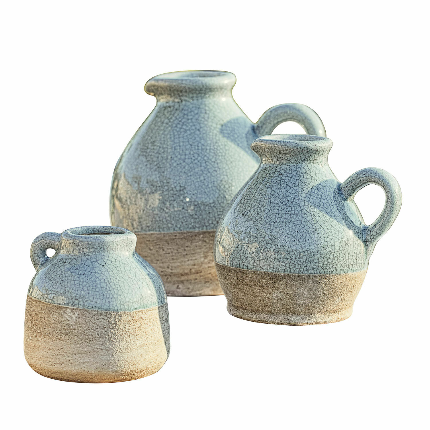 Vaas set van 3 Lezíria Set van drie keramische vazen in blauw-beige met craquelé-effect, stijlvolle interieurdecoratie