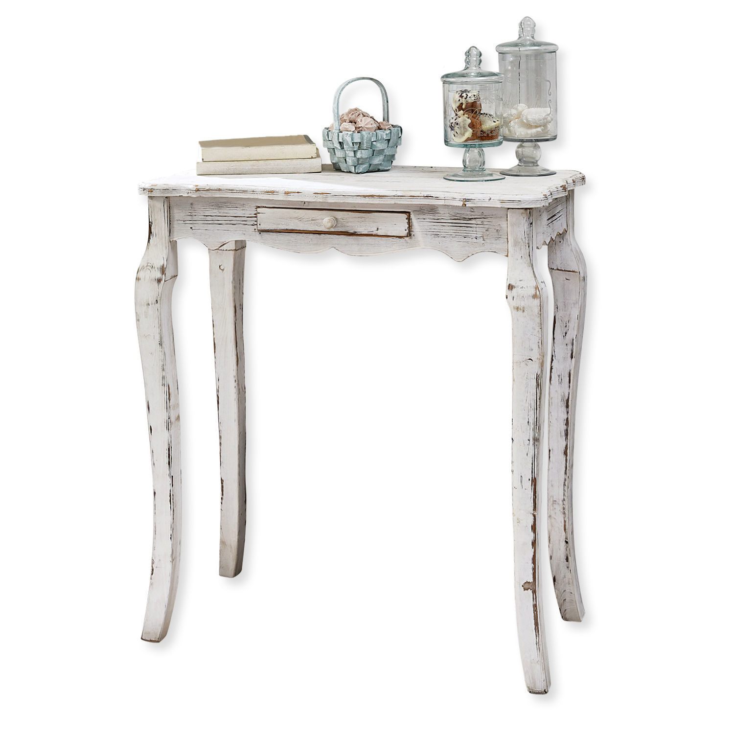 Console Barbey Console en bois blanc style vintage avec tiroir, décorée de livres et bocaux en verre sur le dessus