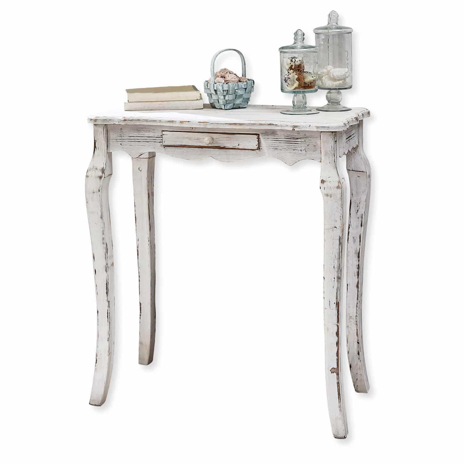 Sidetable Barbey Witte houten vintage console met lade, gedecoreerd met boeken en glazen potten