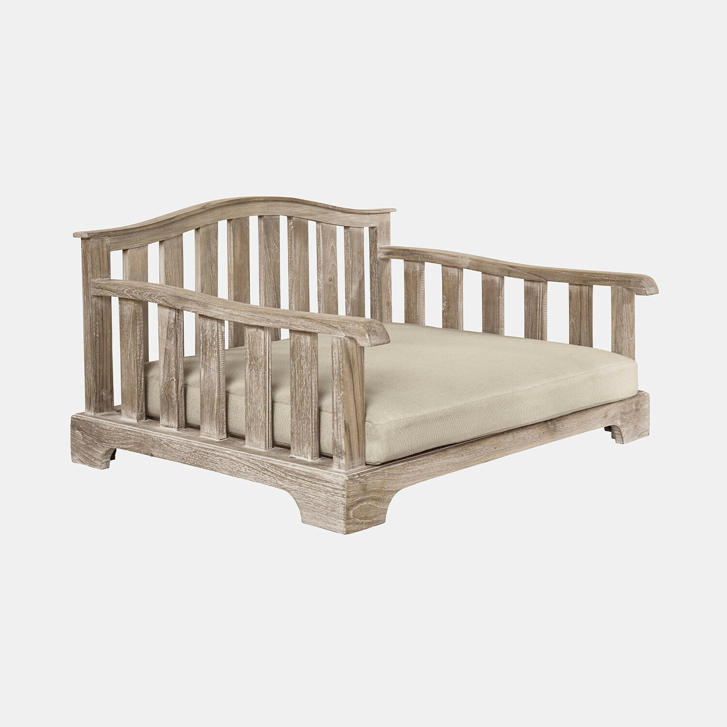 Huisdierenbank voor binnen en buiten Waggins Houten hondenmand met beige kussen, natuurlijke houtkleur, comfortabele rustplek voor huisdieren