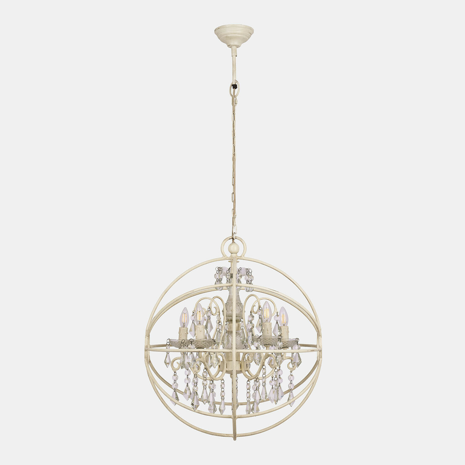 Lustre Élivienne Lustre sphérique en métal crème avec pampilles en cristal et ampoules LED décoratives