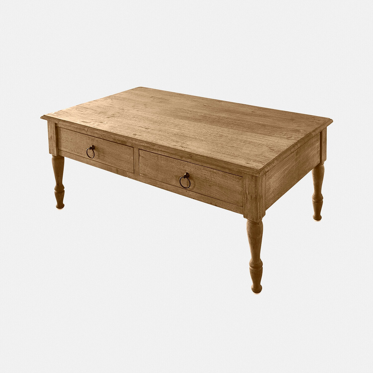 Table basse en bois de manguier naturel avec deux tiroirs et poignées rondes décoratives