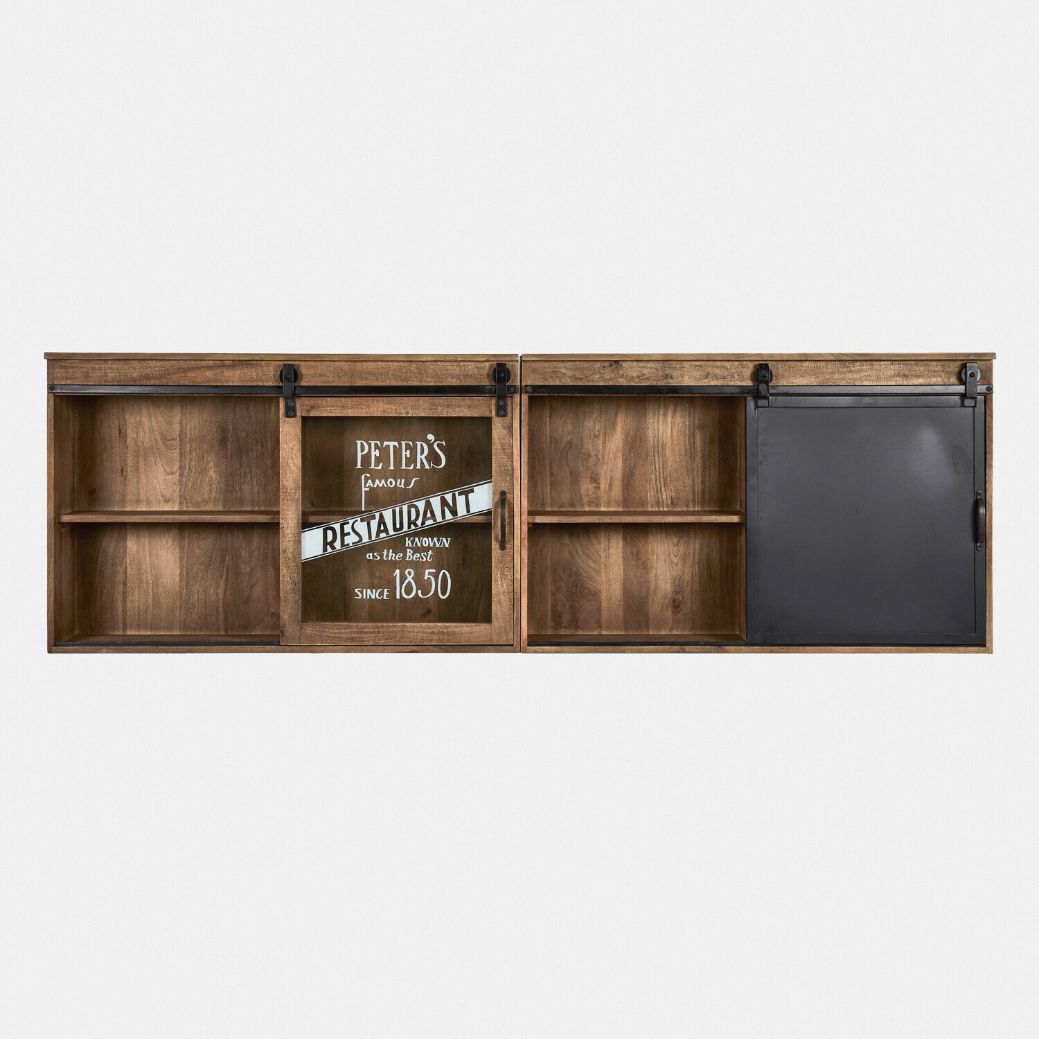 Hangkast set van 2 Oakland Houten wandrek met schuifdeuren van glas en metaal in vintage stijl voor opbergruimte