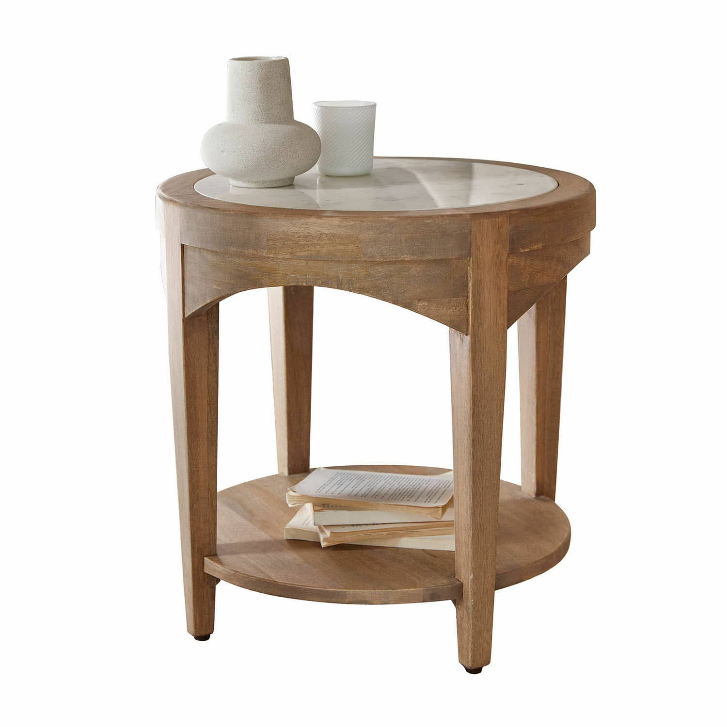 Bijzettafel Annabelle Ronde houten bijzettafel met natuurstenen marmeren blad, versierd met boeken en decoraties