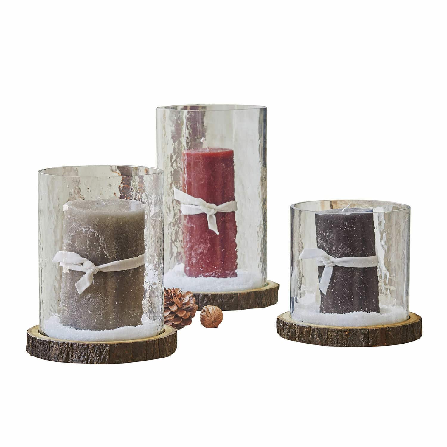 Lot de 3 photophores Malliévre Ensemble de trois bougies dans des supports en verre sur socles en bois, décoration hivernale aux couleurs naturelles