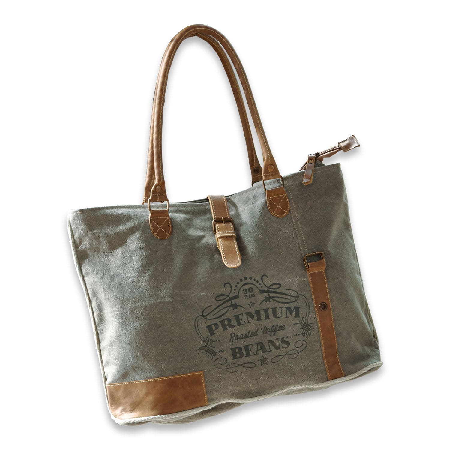 Tas Staci Grijze stoffen tas met bruine leren handvatten en opdruk premium coffee beans