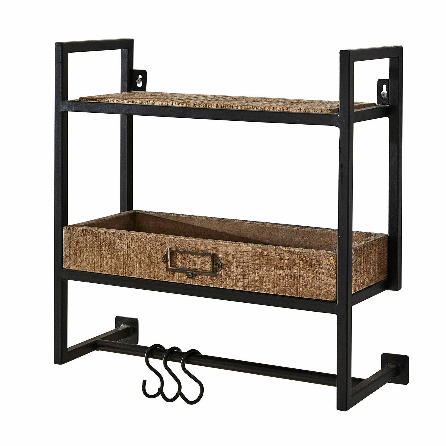 Étagère murale Taylors Island Étagère murale noire en métal avec tablette en bois et crochets pour suspendre des accessoires