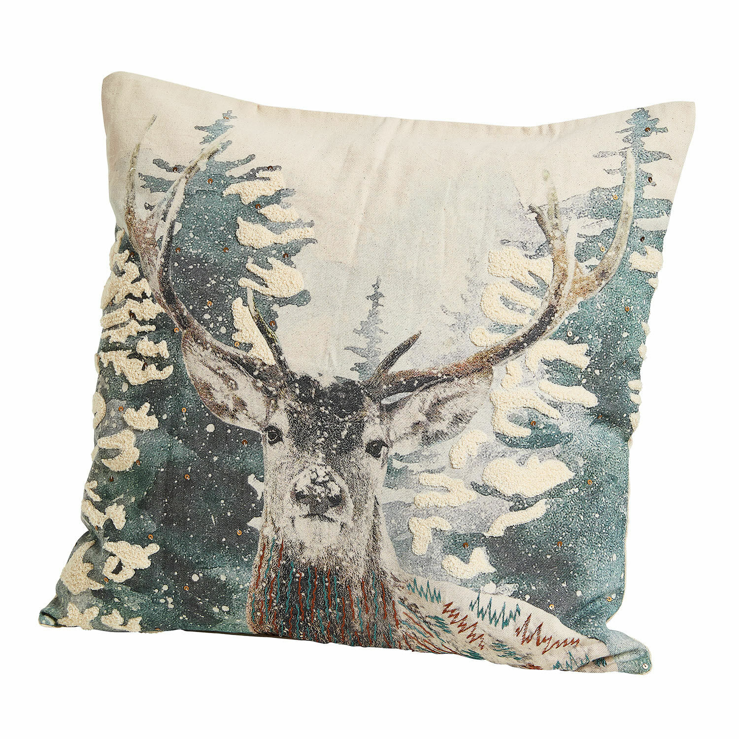 Housse de coussin Elvaris Housse de coussin décorative avec motif cerf et forêt hivernale en tons verts et beige
