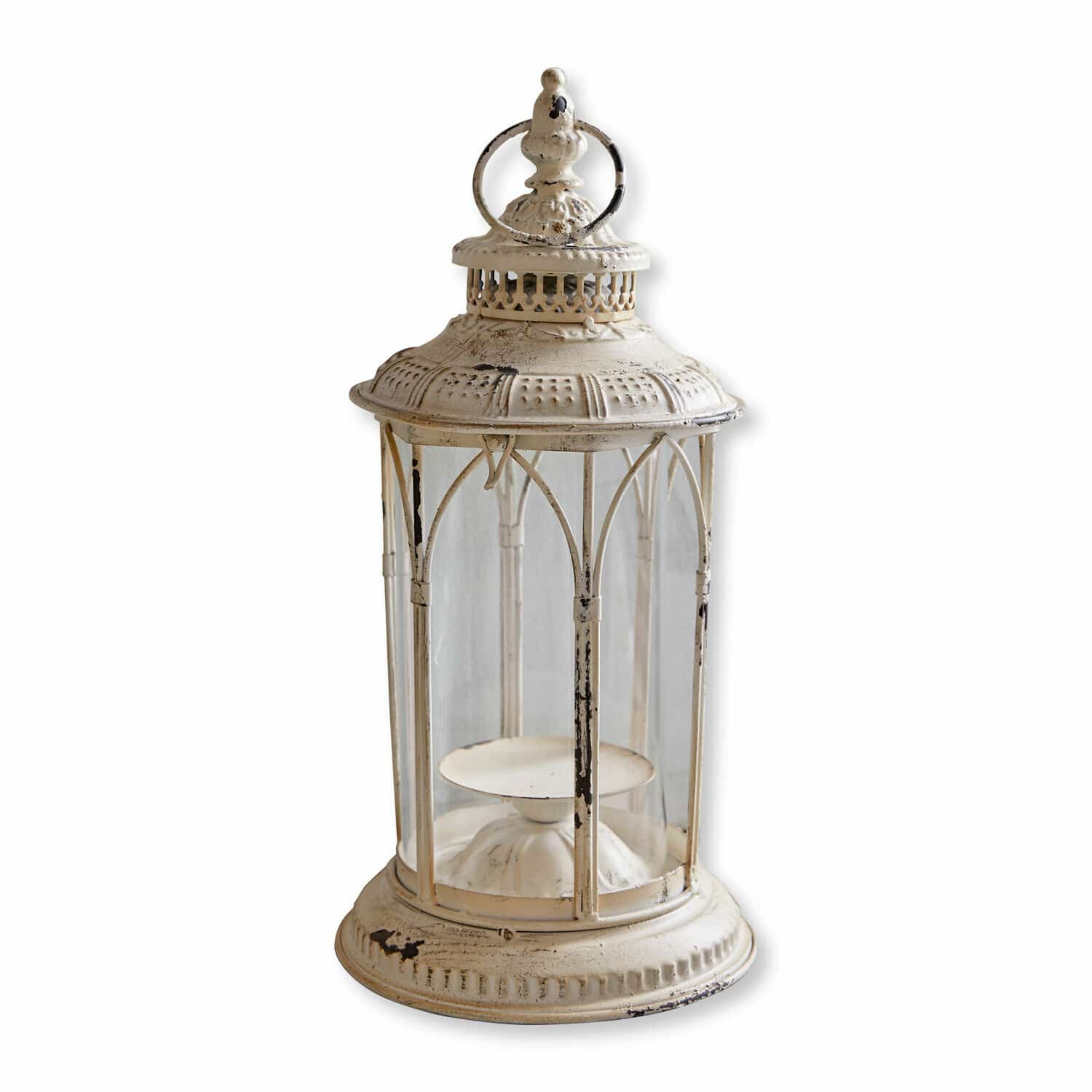 Lantaarn Lanao Decoratieve metalen lantaarn in vintage stijl crème met kaarshouder binnenin