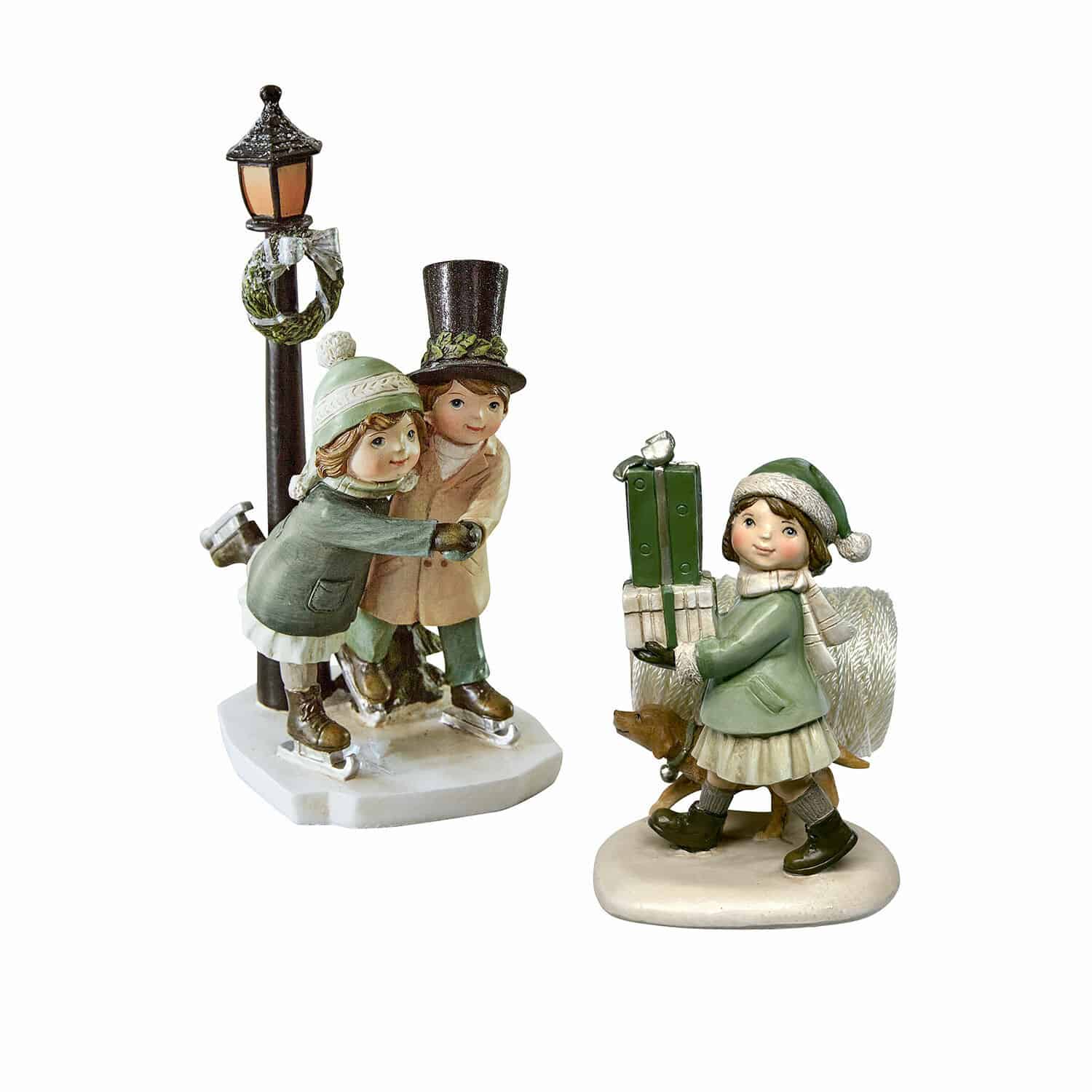 Figurine décorative Marquelline Figurines d'enfants en vêtements verts et beige sur glace et avec cadeaux, décoration hivernale