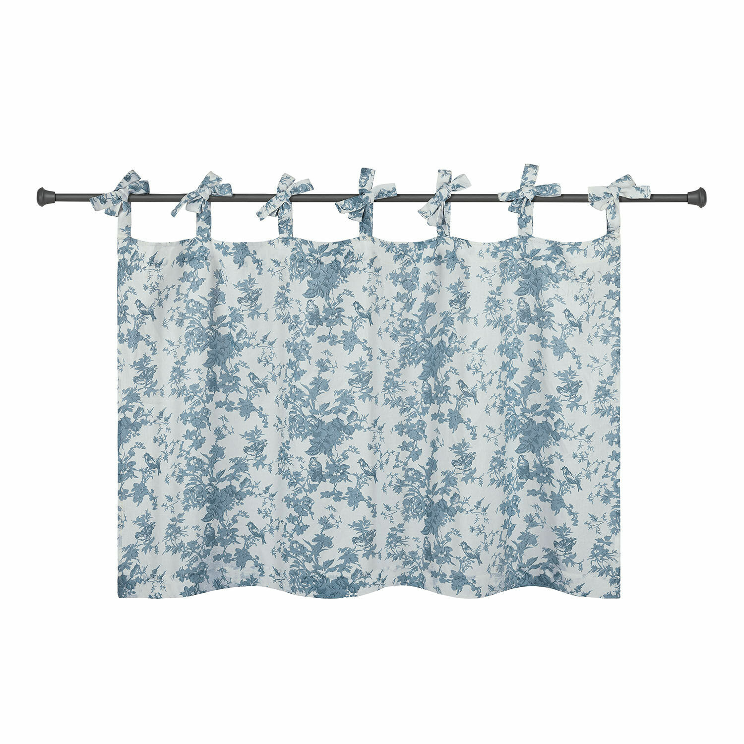 Vitrage Emilie Katoenen gordijn wit met blauw bloemenpatroon en strikjes om aan de roede te hangen