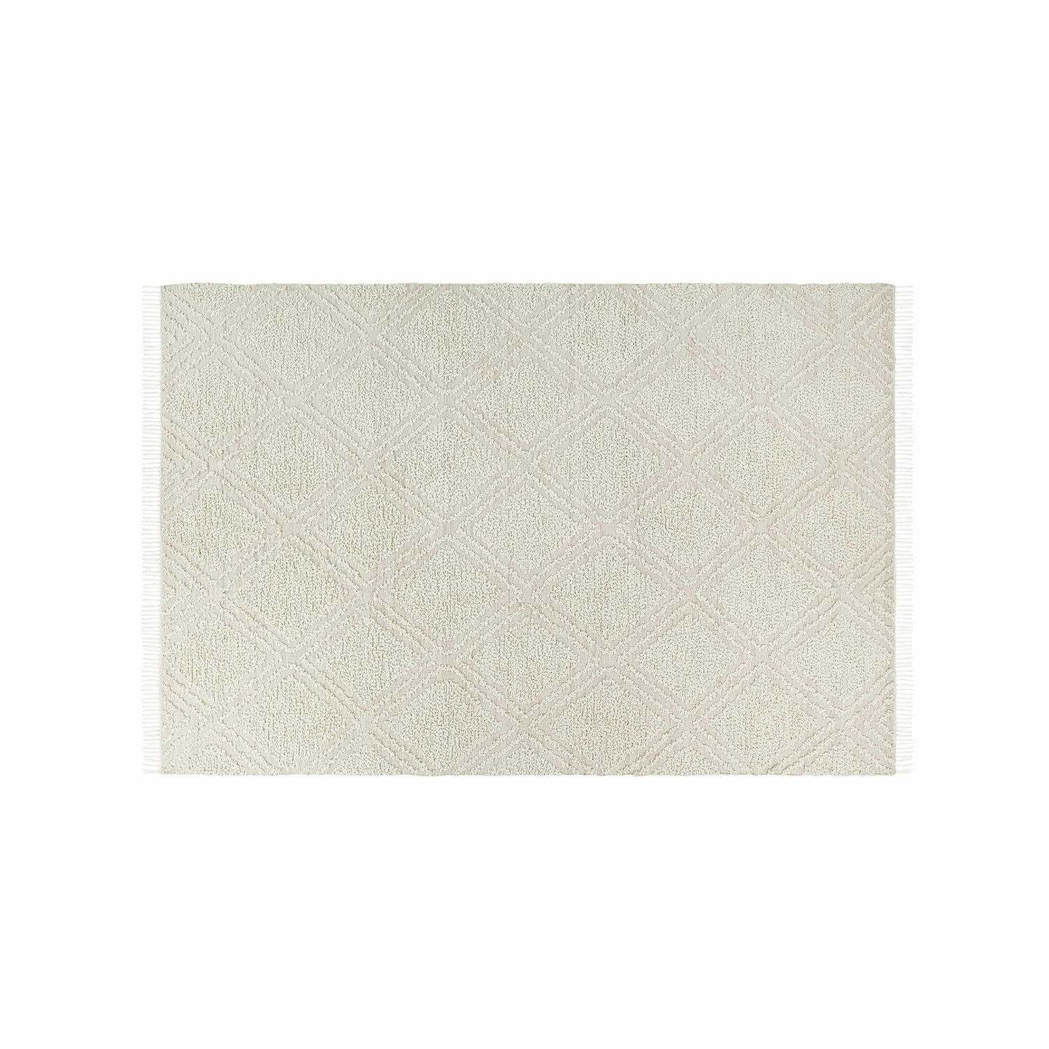 Vloerkleed voor binnen en buiten Bruand Beige katoenen vloerkleed met geometrisch patroon en franjes, zacht en decoratief