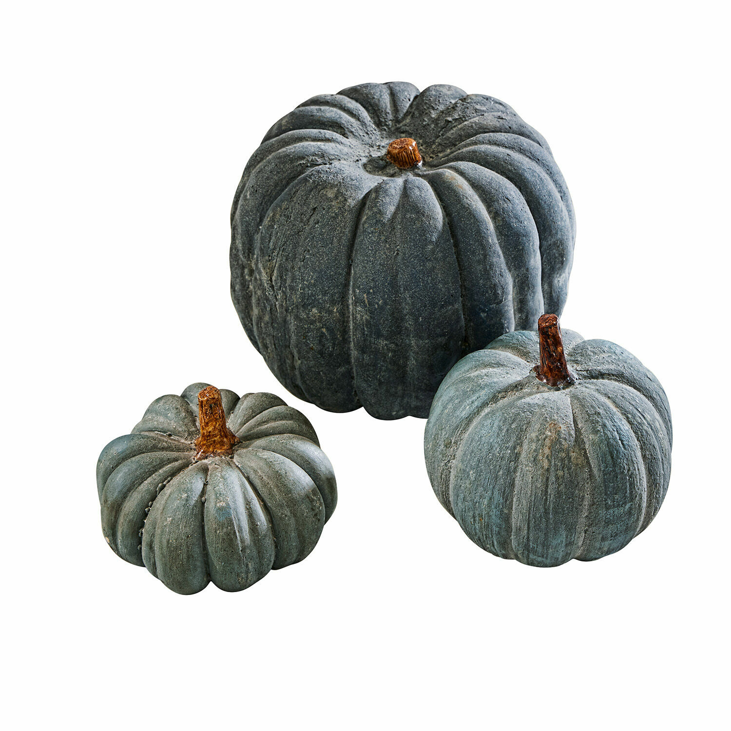 Ensemble de trois citrouilles décoratives bleues avec aspect naturel pour décoration automnale