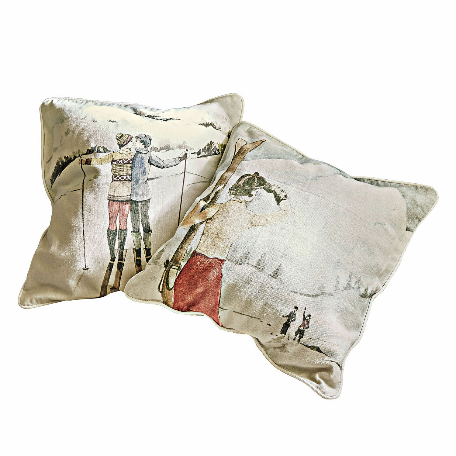 Lot de 2 housses de coussins Towyn Ensemble de deux coussins décoratifs avec motif skieurs sur fond clair, textile pour salon