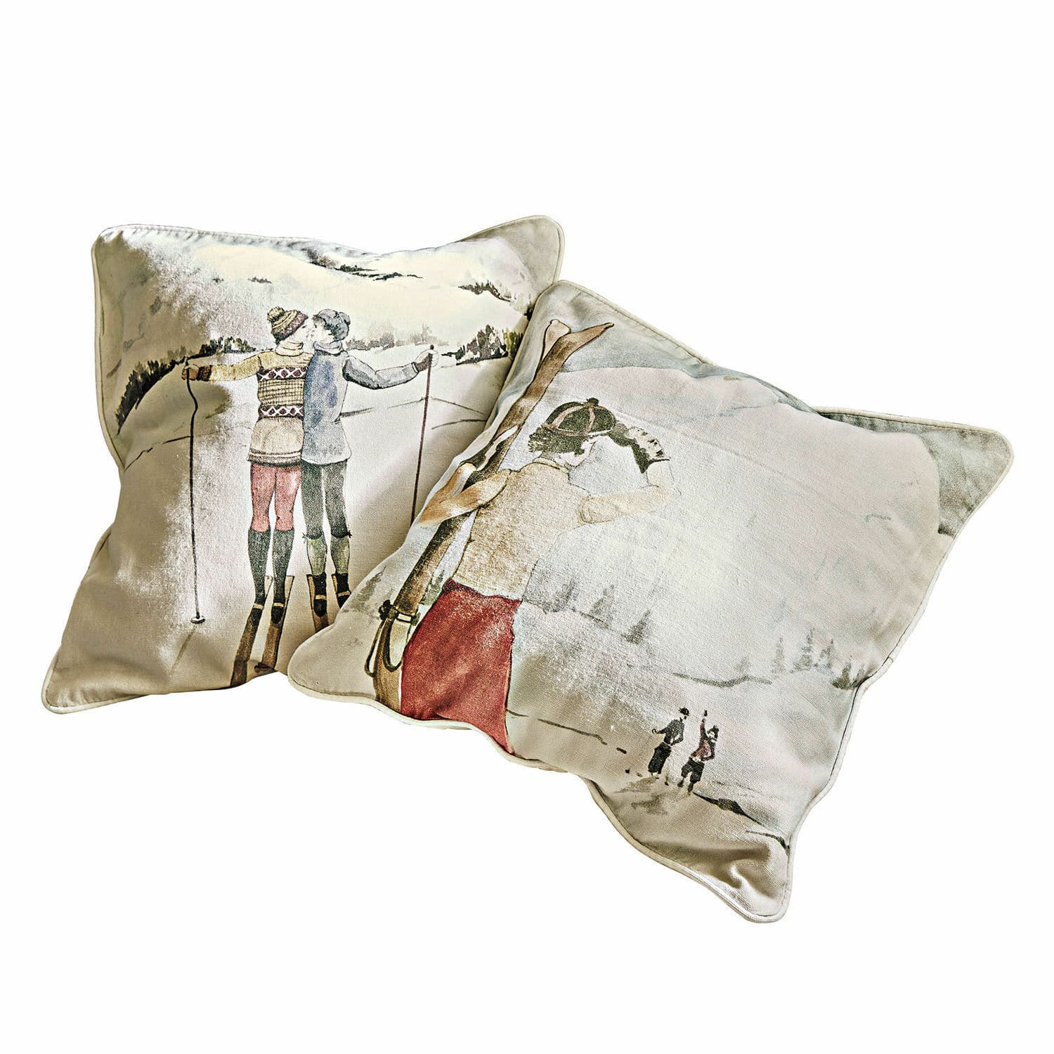 Lot de 2 housses de coussins Towyn Ensemble de deux coussins décoratifs avec motif skieurs sur fond clair, textile pour salon