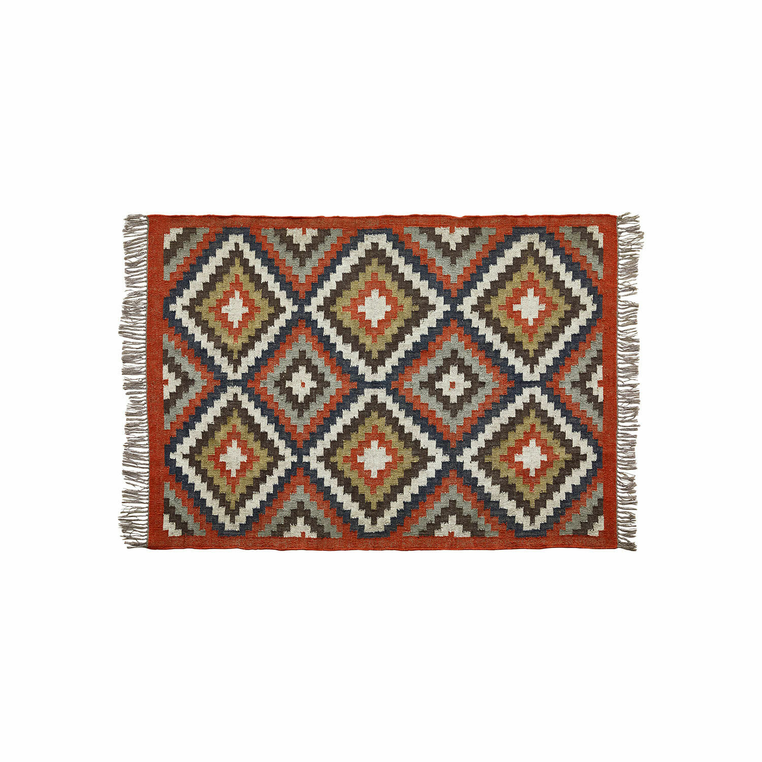 Vloerkleed Dailies Geweven vloerkleed met geometrisch patroon in rood, groen en grijs met franjes, decoratief.