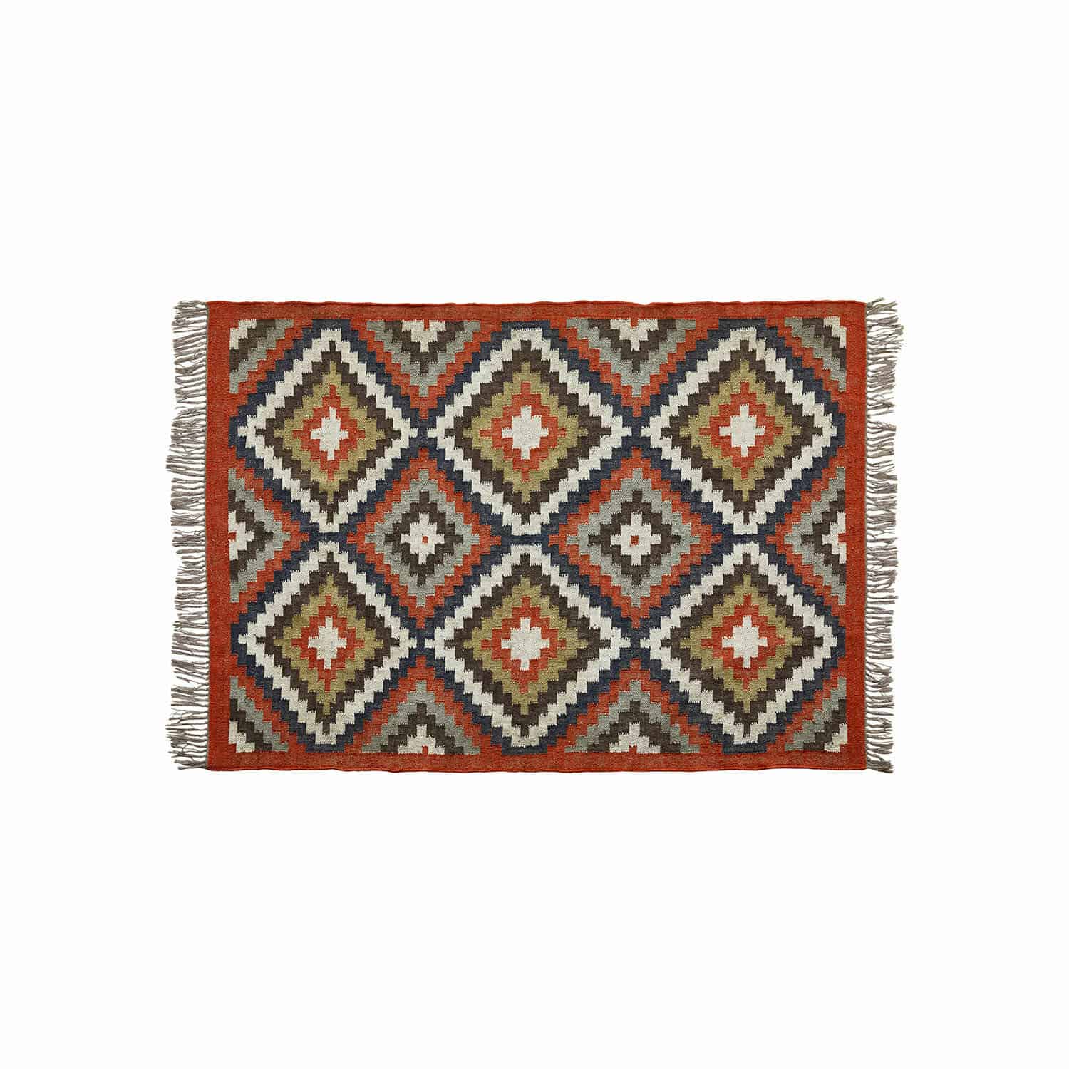 Tapis Dailies Tapis tissé avec motif géométrique rouge, vert et gris avec franges, textile décoratif.