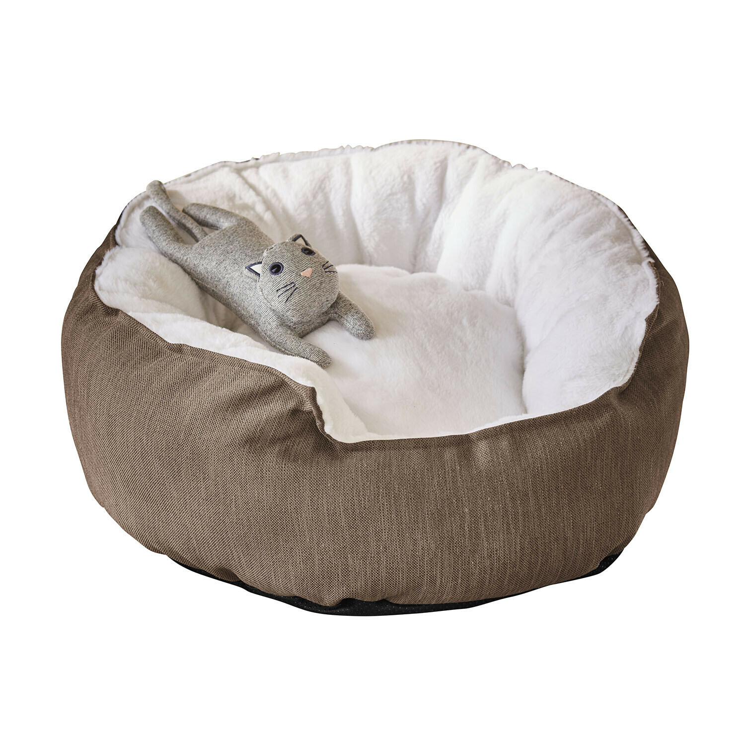 Panier marron pour animaux avec intérieur blanc doux et jouet chat gris en tissu